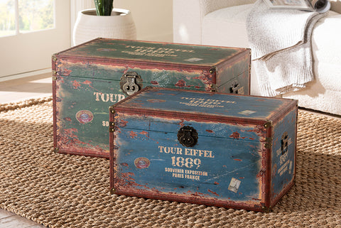 Baxton Studio Sabeen Vintage Parisian Faux Leather and Wood 2-Piece Storage Trunk Set