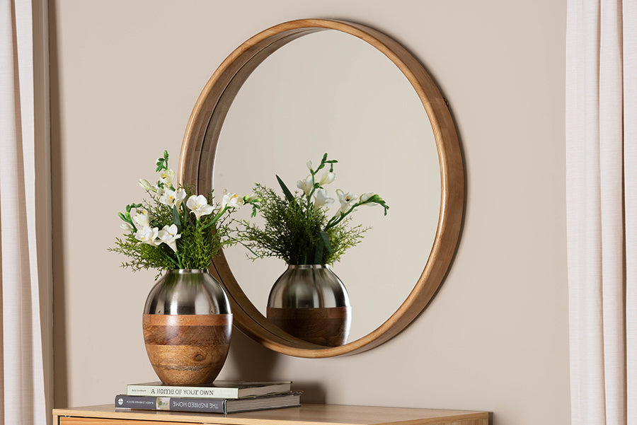 Baxton Studio Tazara Japandi Natural Round Accent Wall Mirror