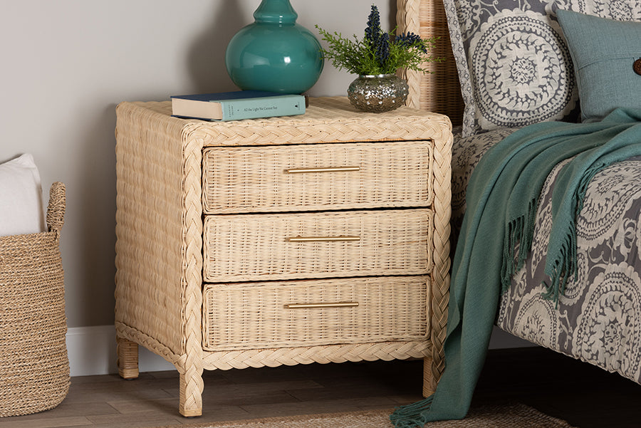 bali & pari Lanica Japandi Sun Bleached Rattan 3-Drawer Nightstand