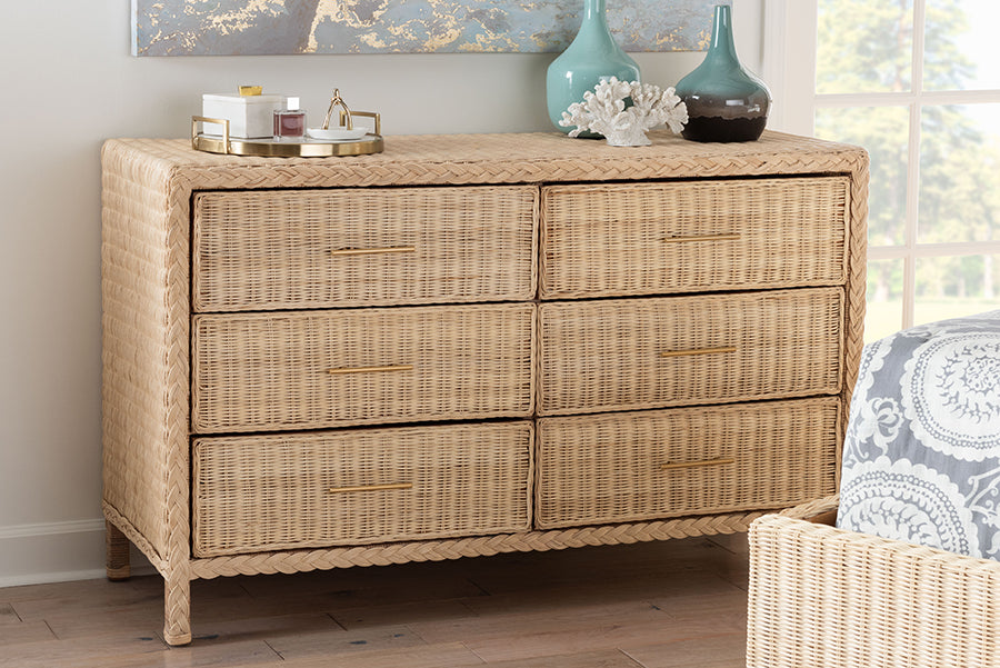 bali & pari Lanica Japandi Sun-Bleached Braided Rattan 6-Drawer Dresser