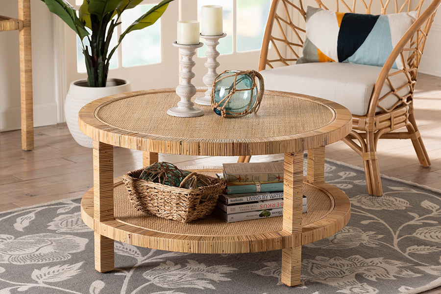 bali & pari Kalimantan Bohemian Light Honey Rattan and Mahogany Wood Coffee Table