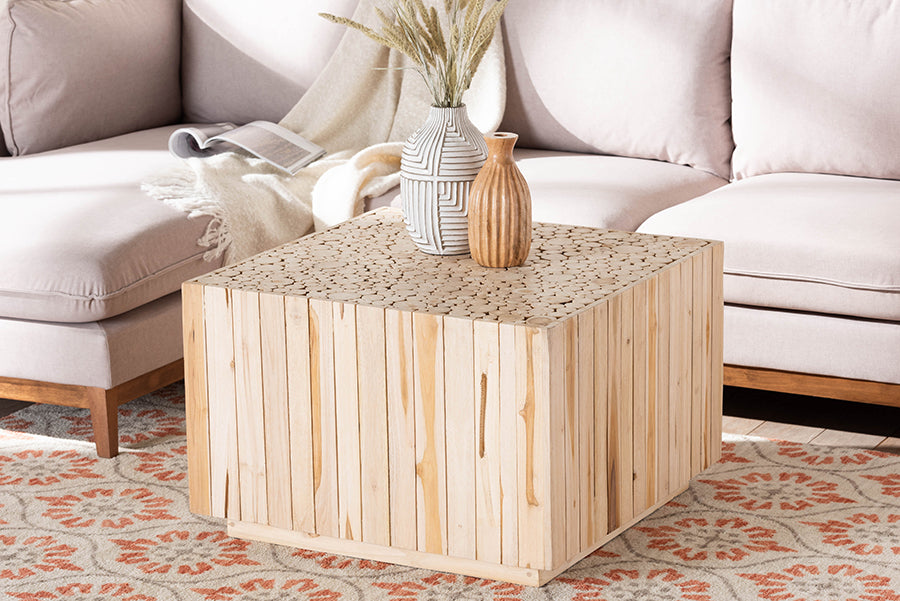 bali & pari Augusta Bohemian Natural Teak Wood Coffee Table with Unique Repurposed Wood Logs