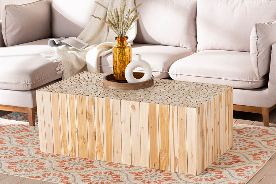 bali & pari Grayson Bohemian Natural Teak Wood Coffee Table with Unique Repurposed Wood Logs