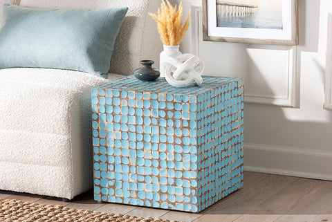 bali & pari Janella Bohemian Sky Blue Coconut Shell and Acacia Wood End Table