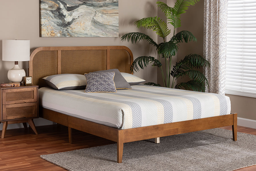 Baxton Studio Fleur Mid-Century Woven Rattan Wood Queen Size Bed