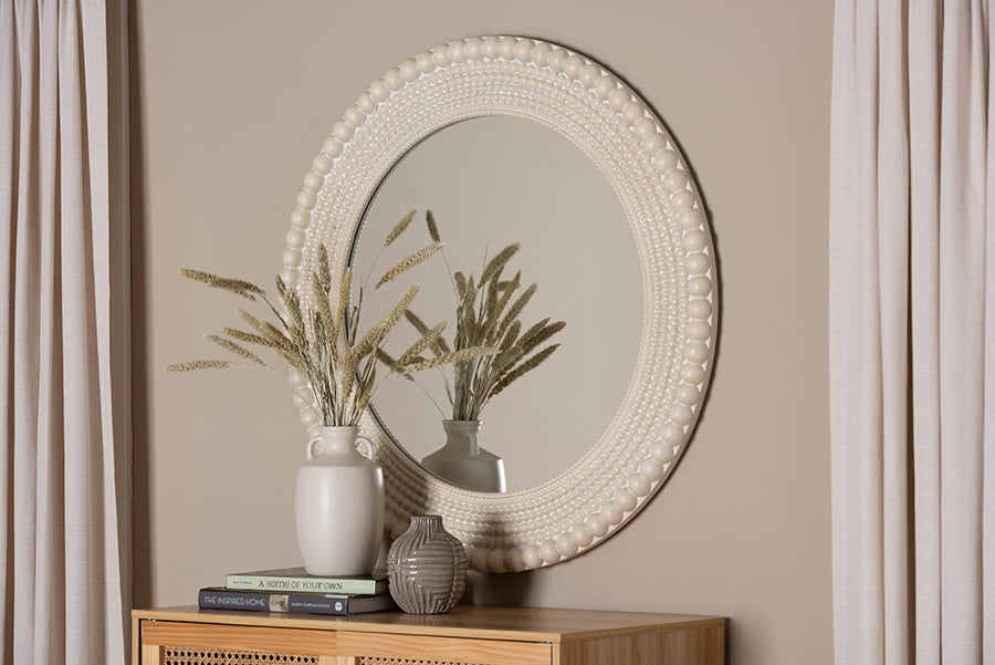 Baxton Studio Grazia Modern Round Beaded-framed Accent Mirror in Pearl White
