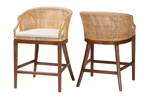 bali & pari Lumajang Bohemian Light Honey Rattan and Wood 2-Piece Counter Stool Set
