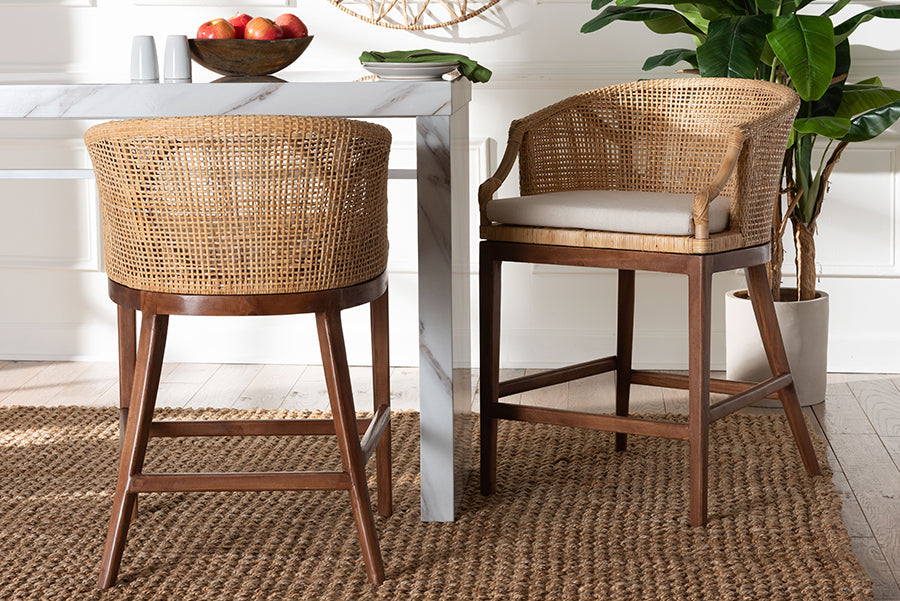 bali & pari Lumajang Bohemian Light Honey Rattan and Wood 2-Piece Counter Stool Set
