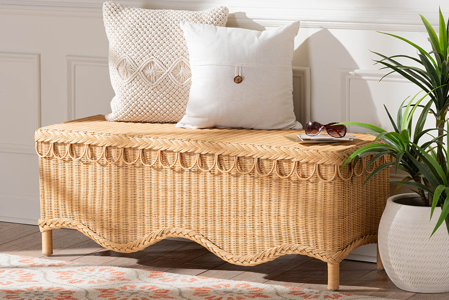 bali & pari Erla Bohemian Light Honey Rattan Accent Bench with Scallop border
