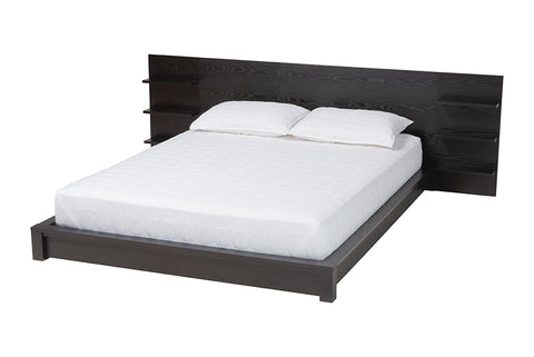 Baxton Studio Elina Modern Ebony Black Wood Queen Size Platform Bed with Built-In Shelves