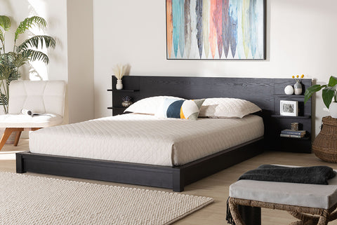 Baxton Studio Elina Modern Ebony Black Wood Queen Size Platform Bed with Built-In Shelves