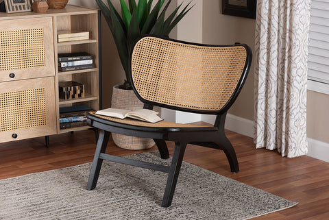 bali & pari Brisbane Bohemian Black Mahogany Wood and Woven Rattan Accent Chair