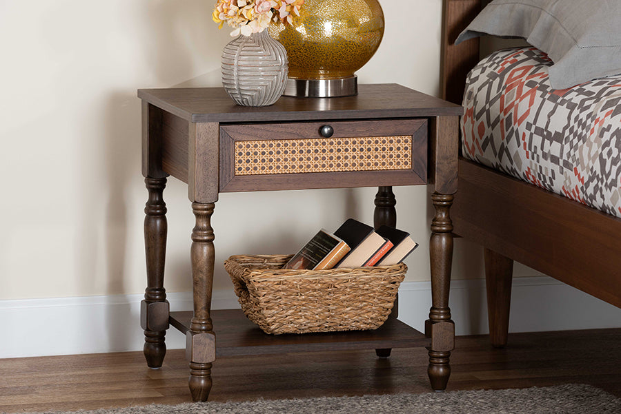 Baxton Studio Roden Transitional Dark Brown Nightstand with Rattan