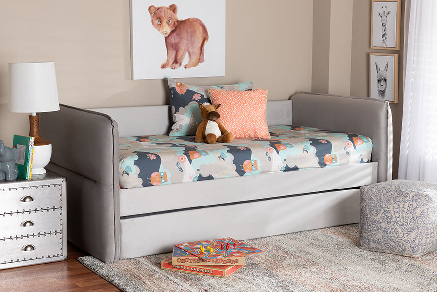 Baxton Studio Finch Modern Light Grey Velvet Fabric Full Size Daybed with Trundle