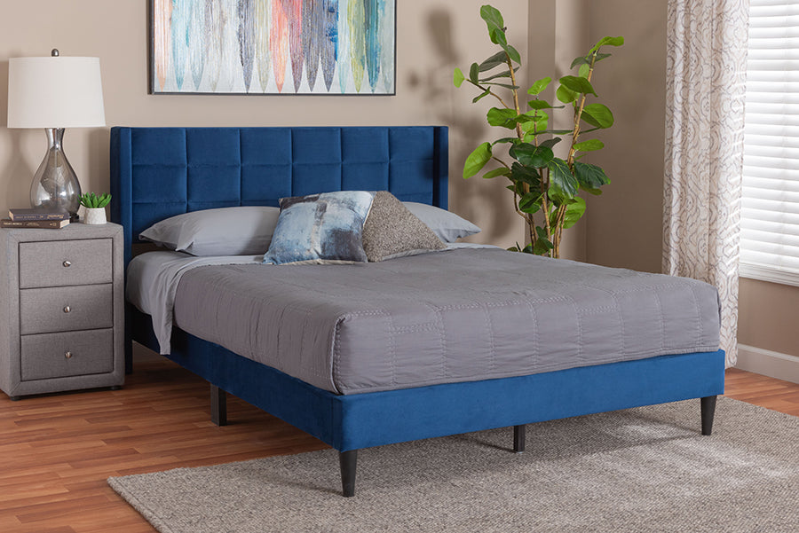 Baxton Studio Payne Modern Glam Navy Blue Velvet and Dark Brown Wood Queen Bed