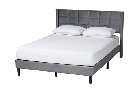Baxton Studio Payne Modern Glam Grey Velvet and Dark Brown Wood Queen Bed