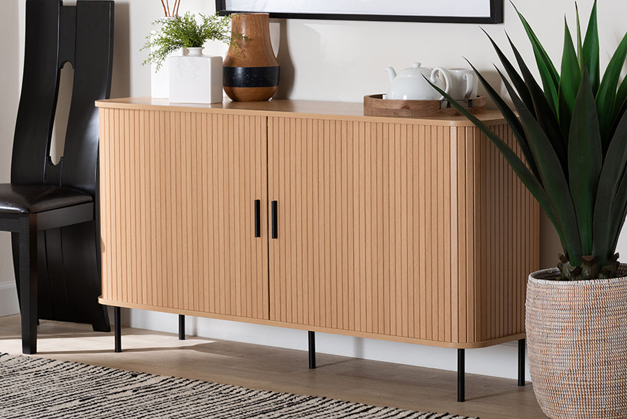 Baxton Studio Lucia Fluted Wood Sideboard - Mid-Century Modern Buffet Cabinet with Sliding Tambour Doors, 55" Wide