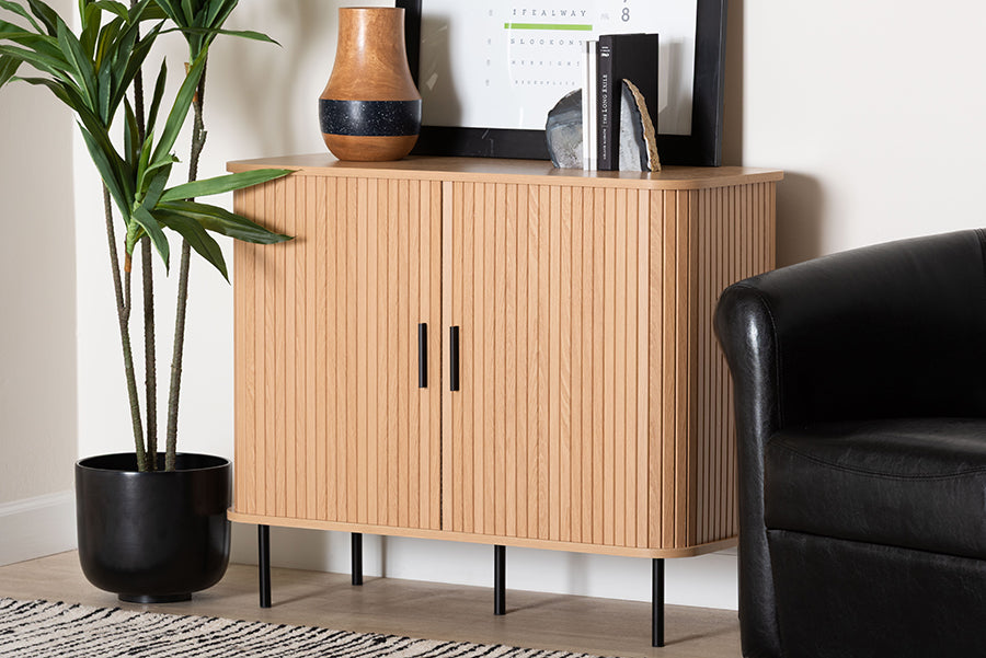 Baxton Studio Lucia Fluted Wood Storage Cabinet - Mid-Century Modern Sideboard with Sliding Tambour Doors, 35" Wide