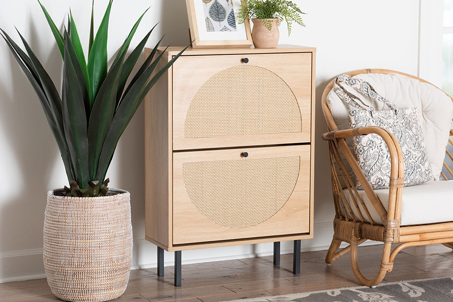 Baxton Studio Remus Wood Shoe Cabinet - 12-Pair Shoe Storage Organizer with 2 Flip Doors, Boho-Chic Compact Hallway or Entryway Furniture