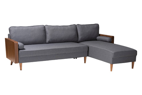 Baxton Studio Harleson Mid-Century Modern Grey Fabric and Walnut Brown Wood Right Facing Sectional Sofa