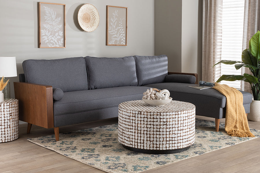 Baxton Studio Harleson Mid-Century Modern Grey Fabric and Walnut Brown Wood Right Facing Sectional Sofa