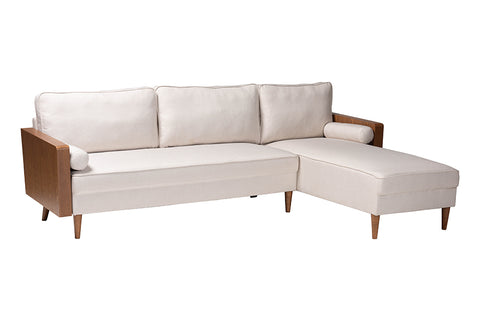 Baxton Studio Harleson Mid-Century Modern Beige Fabric and Walnut Brown Wood Right Facing Sectional Sofa