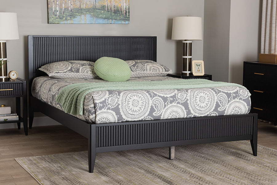 Baxton Studio Primrose Mid-Century Black Fluted Wood Queen Size Platform Bed