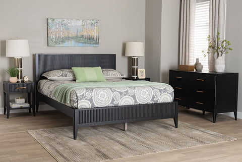 Baxton Studio Primrose Mid-Century Black Fluted Wood King Size 4-Piece Bedroom Set