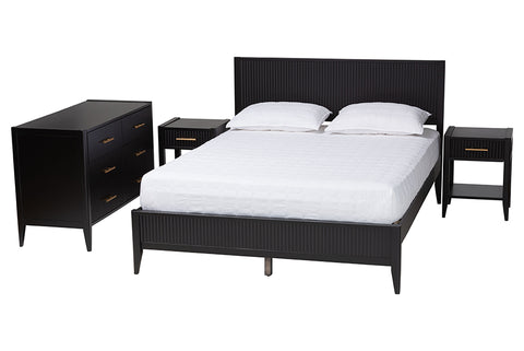 Baxton Studio Primrose Mid-Century Black Fluted Wood Queen Size 4-Piece Bedroom Set