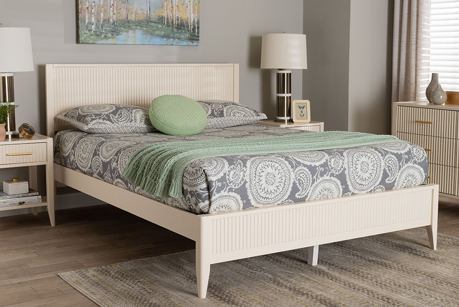 Baxton Studio Primrose Mid-Century Ivory Fluted Wood Queen Size Platform Bed