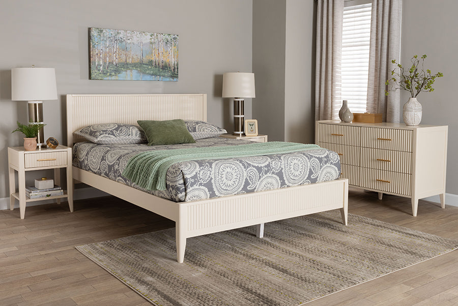 Baxton Studio Primrose Mid-Century Ivory Fluted Wood Queen Size 4-Piece Bedroom Set