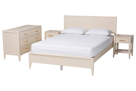 Baxton Studio Primrose Mid-Century Ivory Fluted Wood Queen Size 4-Piece Bedroom Set
