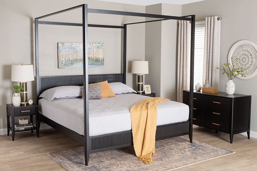 Baxton Studio Primrose Mid-Century Black Fluted Wood King Size 4-Piece Canopy Bedroom Set