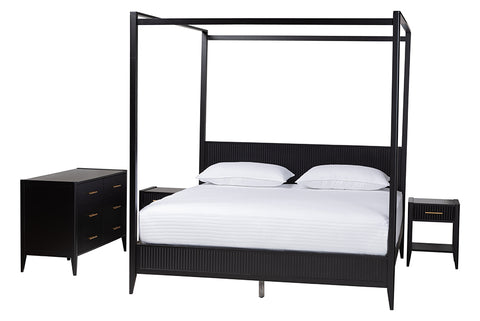 Baxton Studio Primrose Mid-Century Black Fluted Wood King Size 4-Piece Canopy Bedroom Set