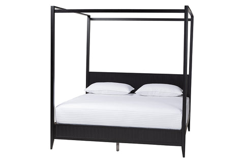Baxton Studio Primrose Mid-Century Black Fluted Wood King Size Canopy Bed