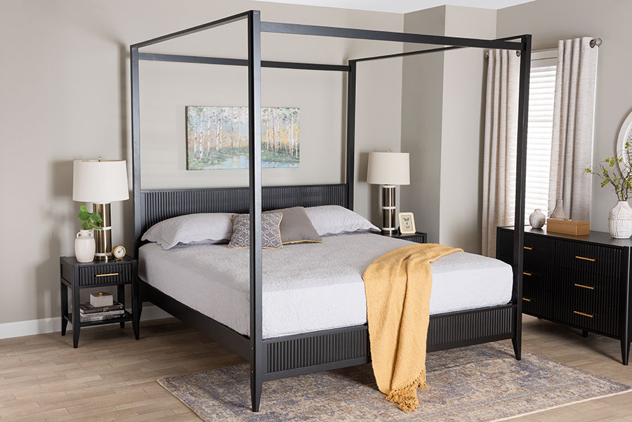 Baxton Studio Primrose Mid-Century Black Fluted Wood King Size Canopy Bed