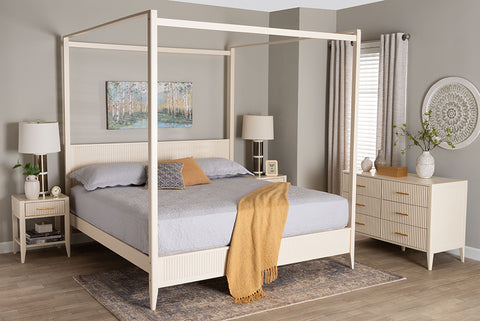 Baxton Studio Primrose Mid-Century Ivory Fluted Wood King Size 4-Piece Canopy Bedroom Set