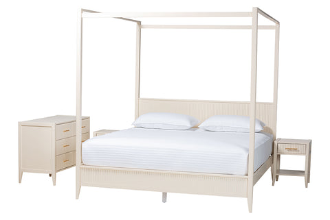 Baxton Studio Primrose Mid-Century Ivory Fluted Wood King Size 4-Piece Canopy Bedroom Set