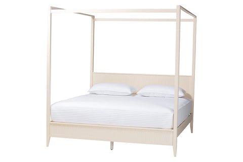 Baxton Studio Primrose Mid-Century Ivory Fluted Wood King Size Canopy Bed