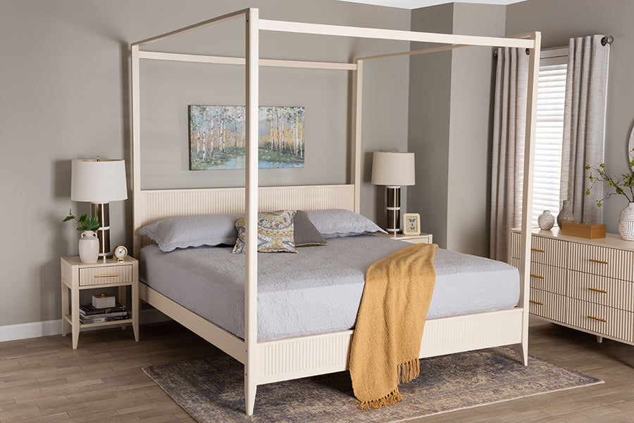 Baxton Studio Primrose Mid-Century Ivory Fluted Wood King Size Canopy Bed