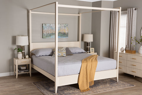 Baxton Studio Primrose Mid-Century Ivory Fluted Wood King Size Canopy Bed