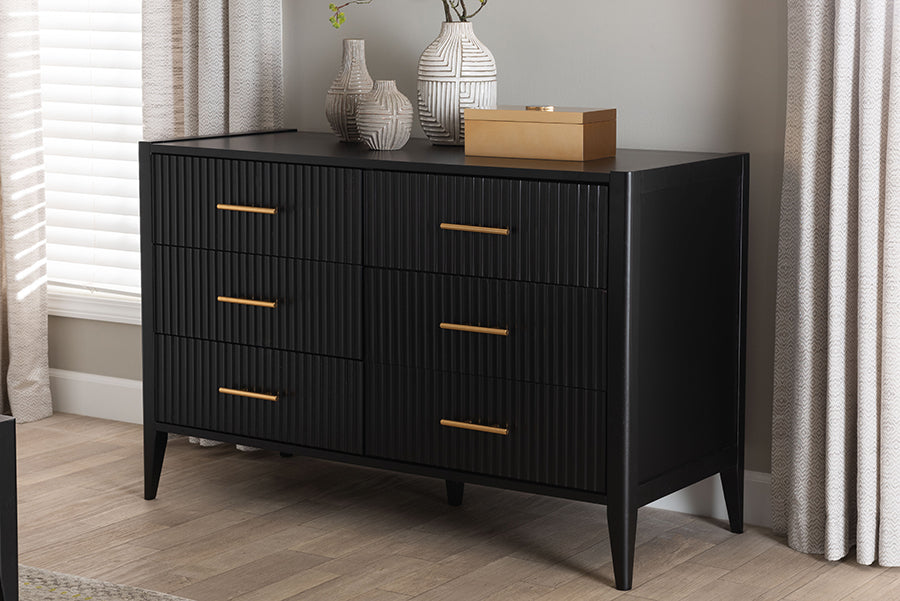Baxton Studio Primrose Mid-Century Black Fluted Wood 6-Drawer Dresser