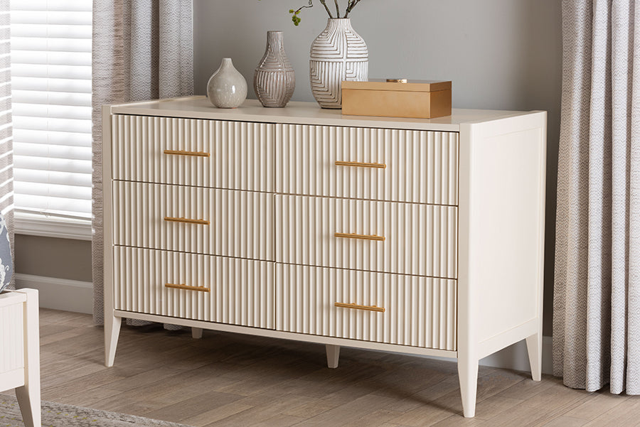 Baxton Studio Primrose Mid-Century Ivory Fluted Wood 6-Drawer Dresser