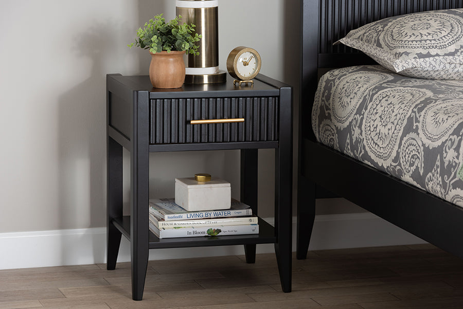 Baxton Studio Primrose Mid-Century Black Fluted Wood 1-Drawer Nightstand