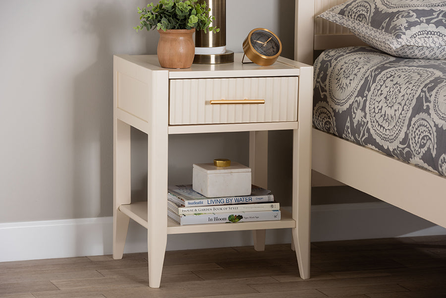 Baxton Studio Primrose Mid-Century Ivory Fluted Wood 1-Drawer Nightstand