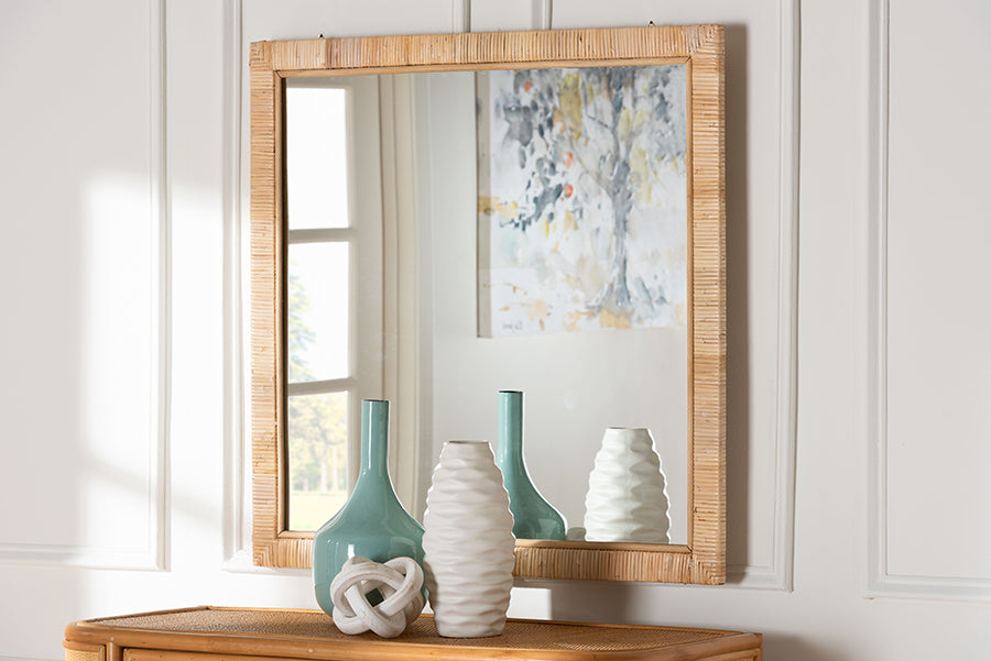 bali & pari Lankston Bohemian Natural Rattan Square Accent Wall Mirror