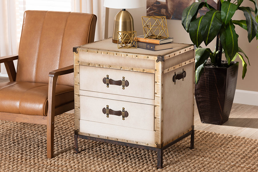 Baxton Studio Laura Vintage White Canvas 2-Drawer End Table Trunk
