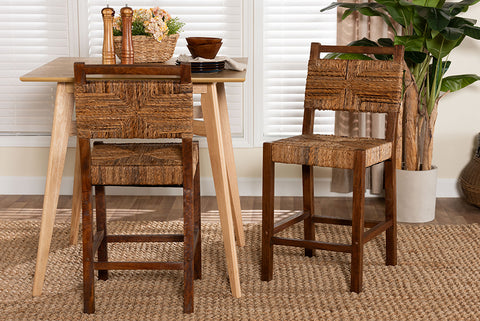 bali & pari Cordoba Bohemian Natural Seagrass and Mahogany Wood 2-Piece Counter Stool Set