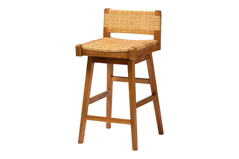 bali & pari Asgart Bohemian Natural Rattan and Mahogany Wood Bar Stool