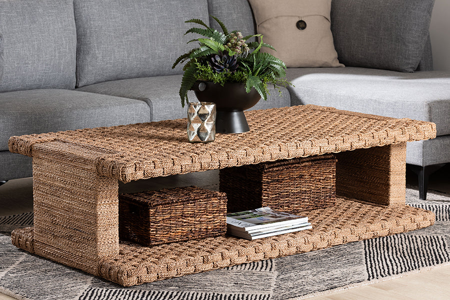 bali & pari Rhinos Handwoven Seagrass Coffee Table with Open Shelf - Rectangular Wicker Center Table for Living Room, Coastal Boho Style